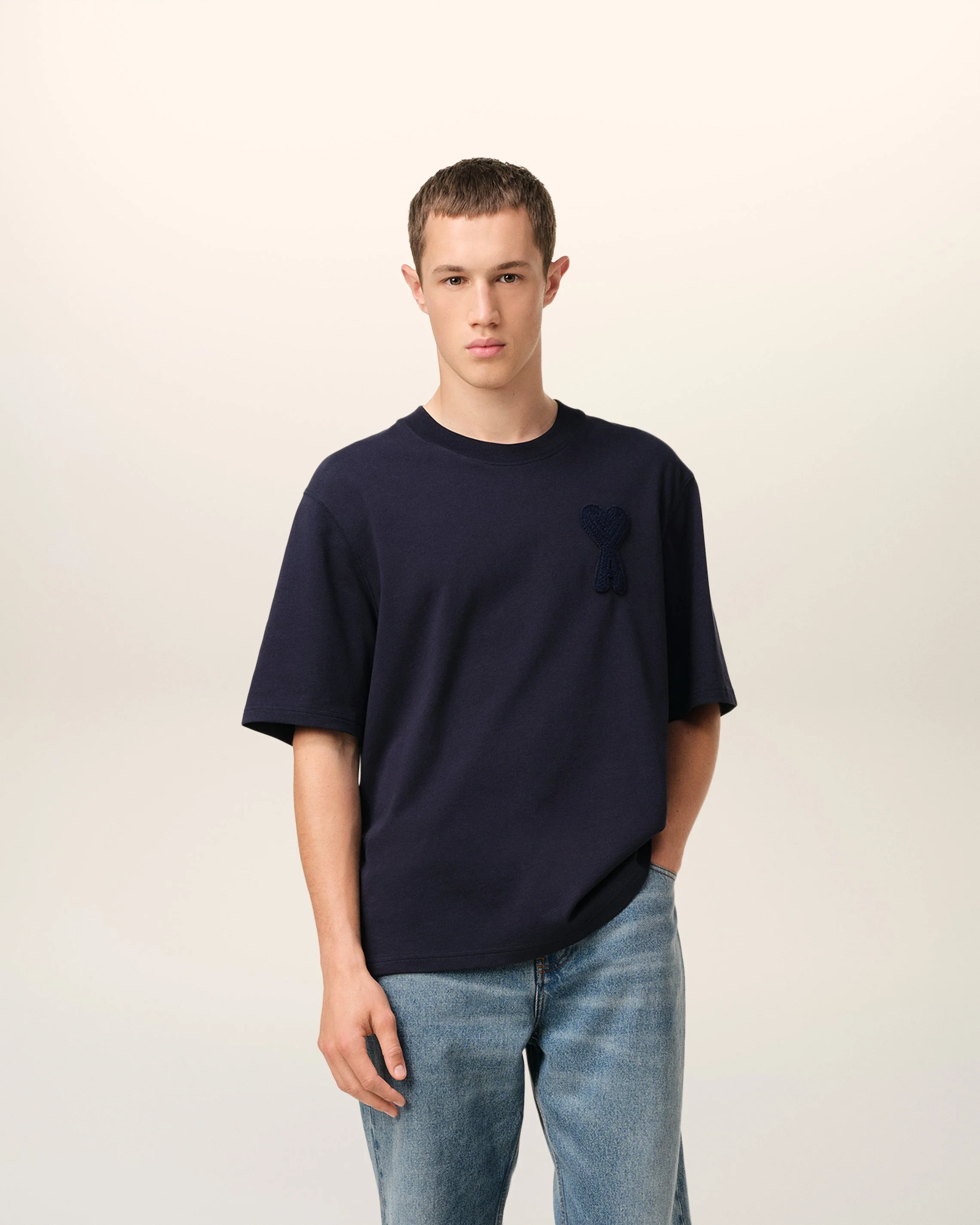 AMI PARIS Navy Cotton Ami de Coeur Patch T-Shirt Mens Apparel - Image 2
