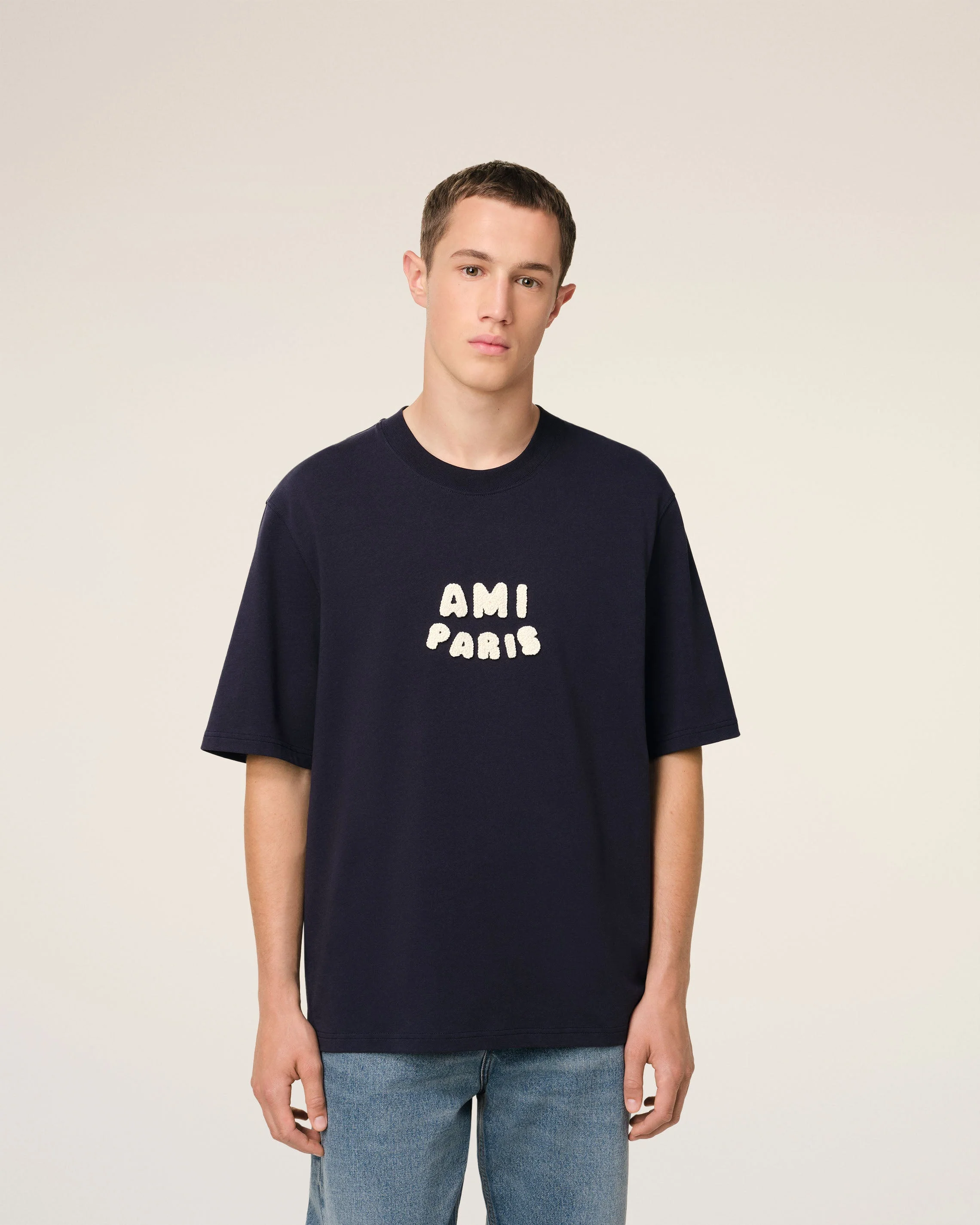 AMI PARIS Navy Cotton Ami Paris Patch T-Shirt Mens Apparel - Image 3